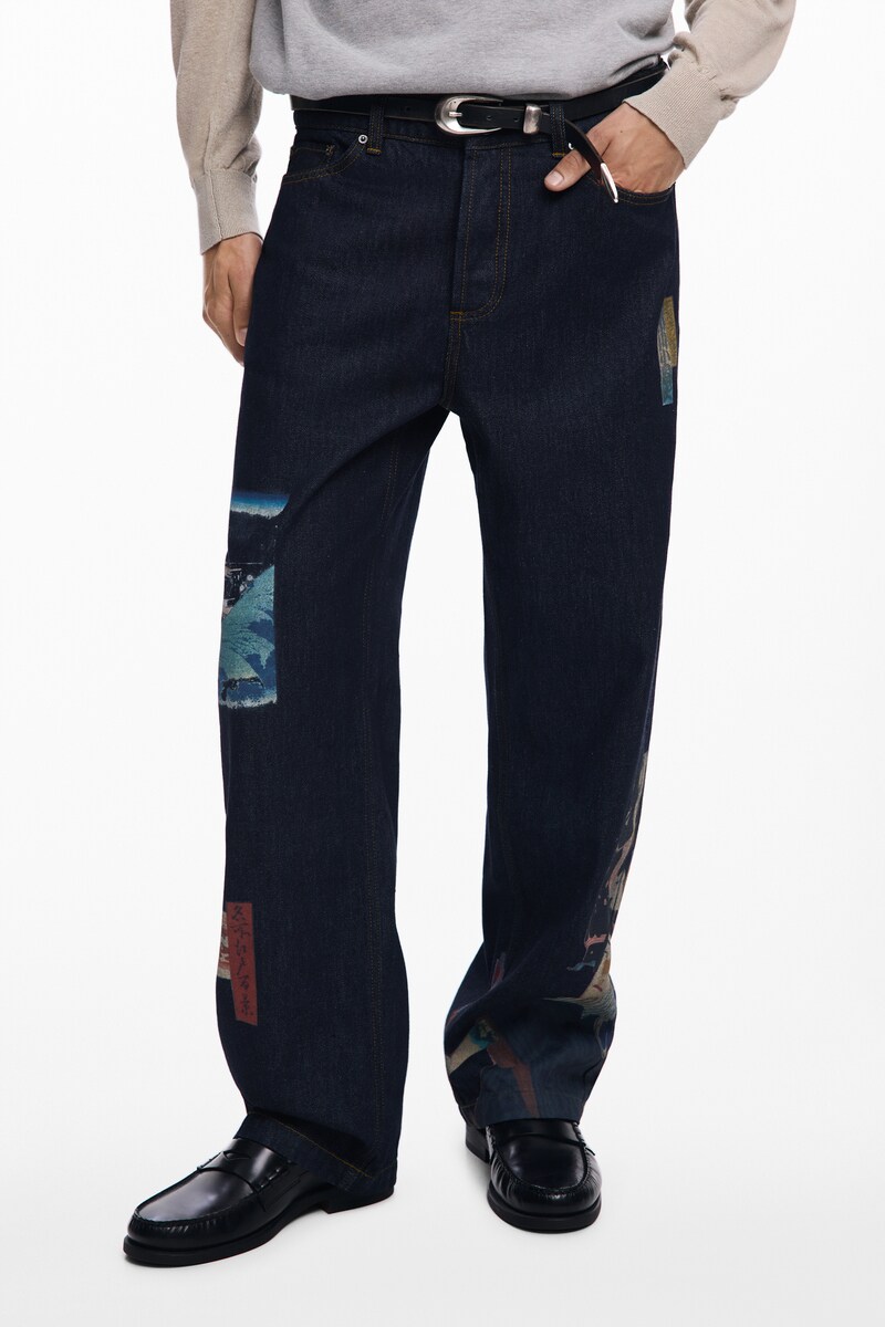 デシグアル（Desigual）/【6サイズ展開/28/38】浮世絵プリント ストレートデニムパンツ 6サイズ展開/28/38】浮世絵プリント ストレートデニムパンツ