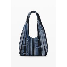 デニムパッチの中型オーバルハンドバッグ ポーチ付き