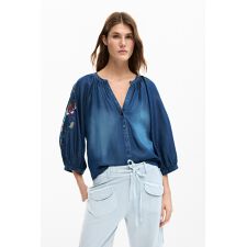 【5サイズ展開】フラワー刺繍入りランタンデニムブラウス 2026SS 新作