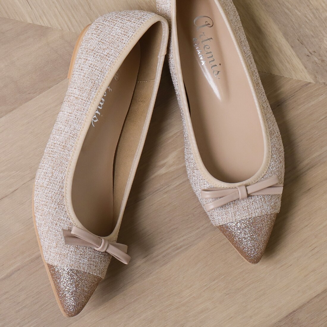 artemis by DIANA つま先グリッターリボンフラットシューズ25cm artemis by DIANA つま先グリッターリボンフラットシューズ25cm