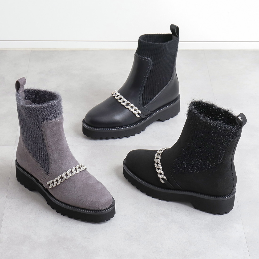 ビジューチェーン付き 厚底ニット切り替えブーツ《雑誌掲載商品