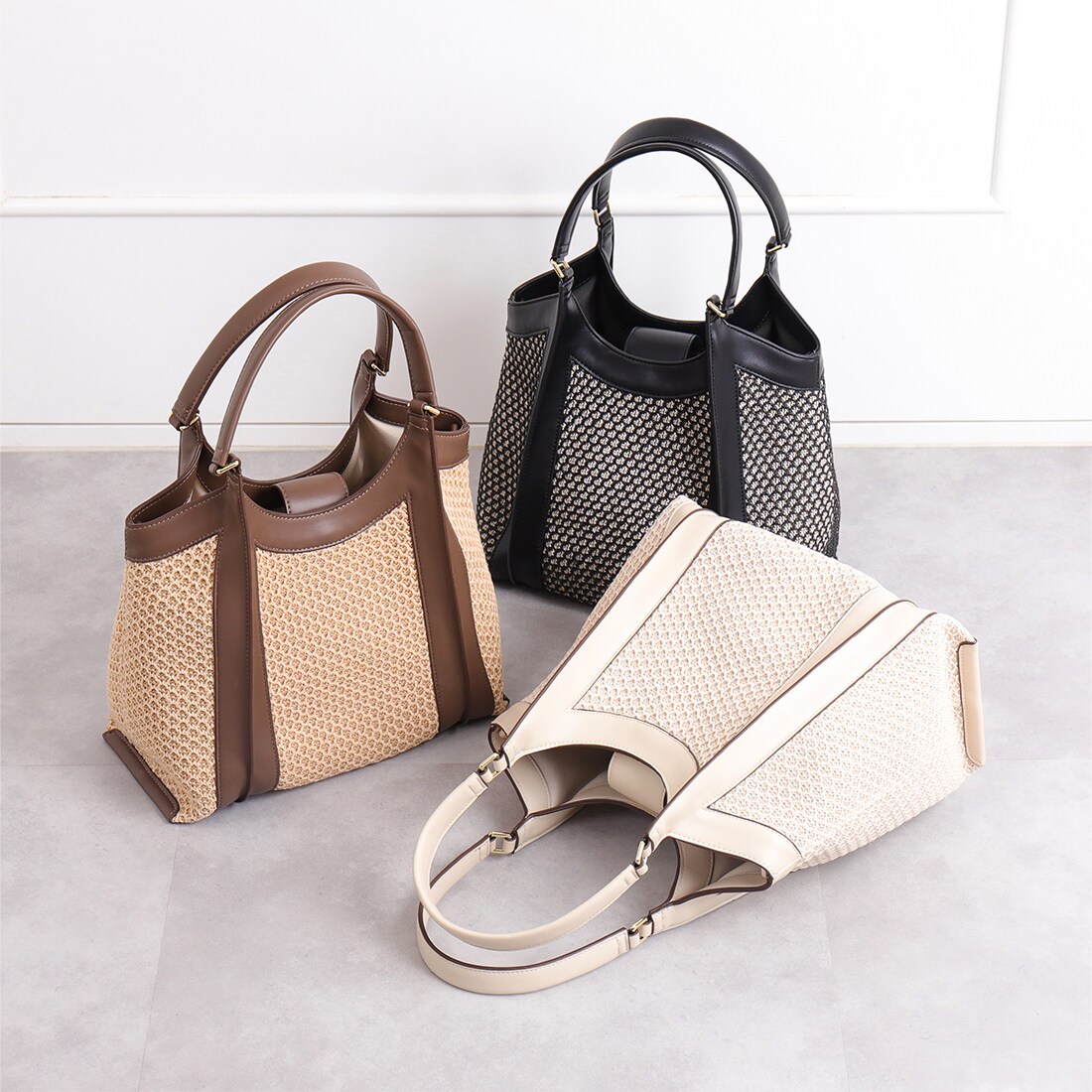 ストラップ付ハンドバッグ 2WAY ラフィア風素材ショルダーストラップ付きハンドバッグ