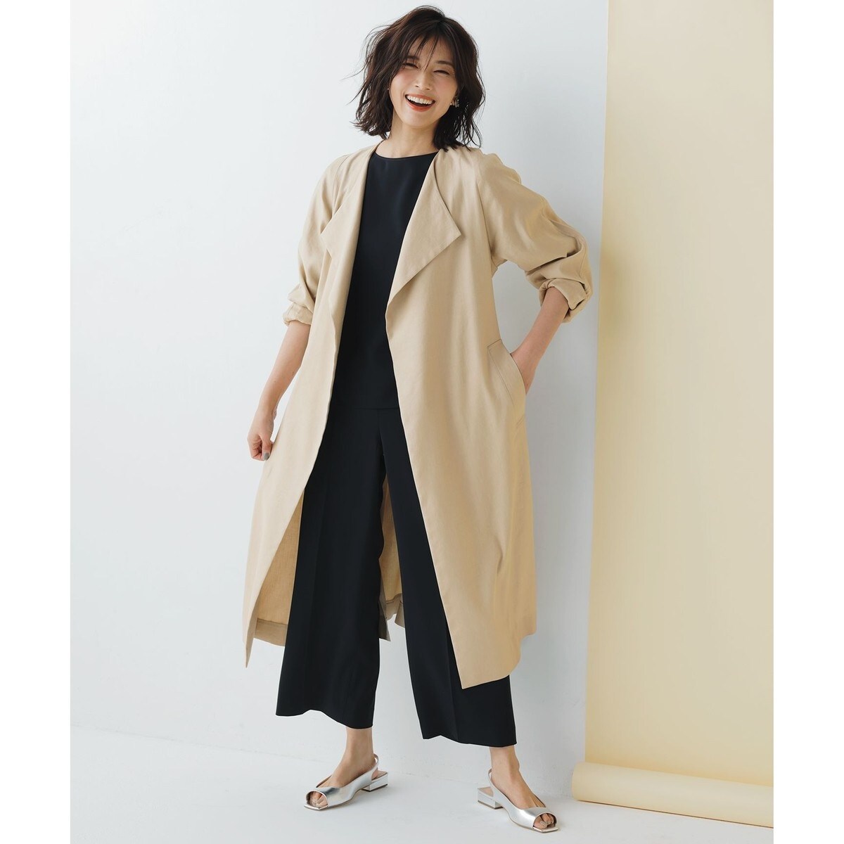 未使用♡23区　ソフトツイルストレッチノーカラーコート　リネン混　イタリア生地 美品23区XS（32）春夏物ソフトツイルストレッチノーカラーコート