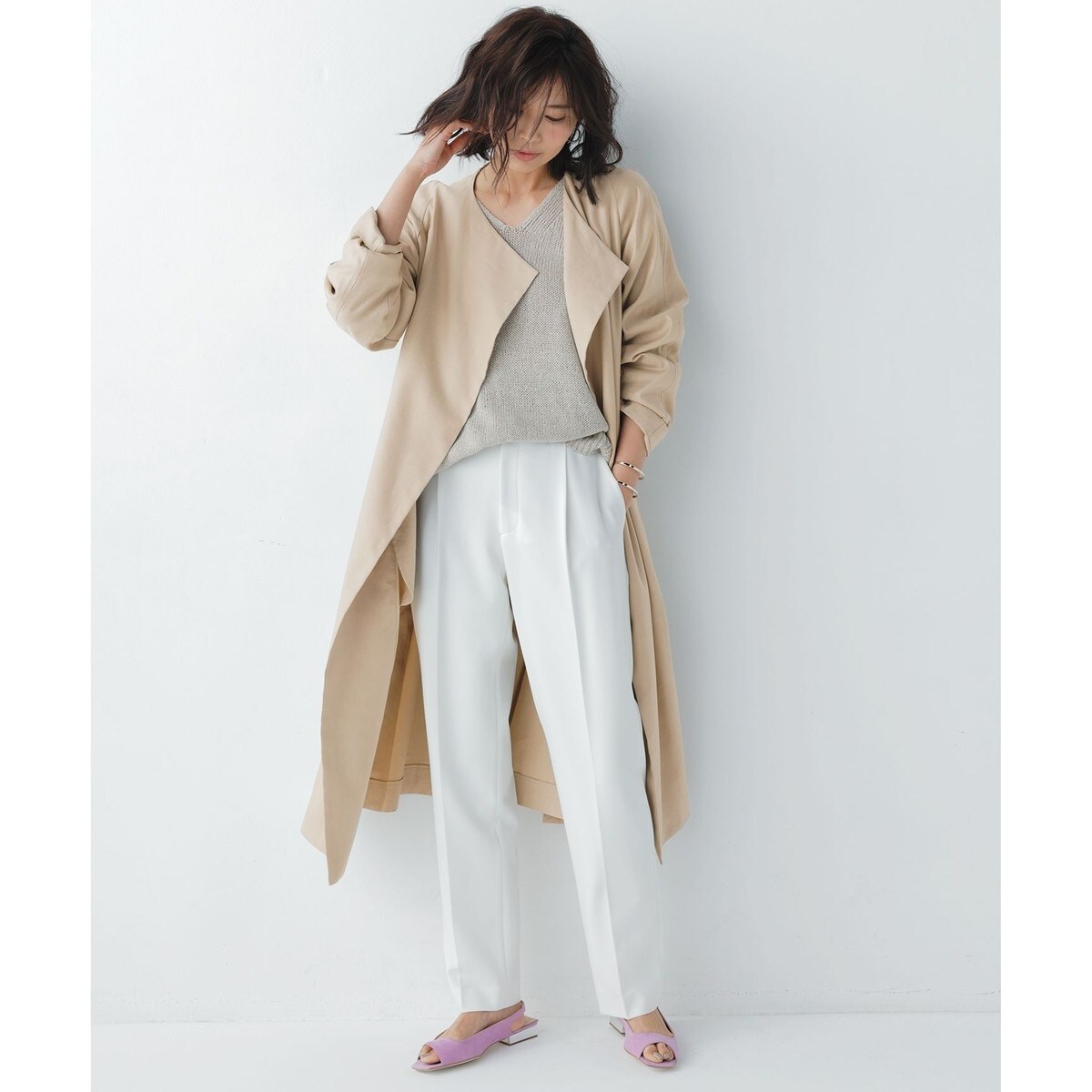 未使用♡23区　ソフトツイルストレッチノーカラーコート　リネン混　イタリア生地 未使用♡23区 ソフトツイルストレッチノーカラーコート リネン混