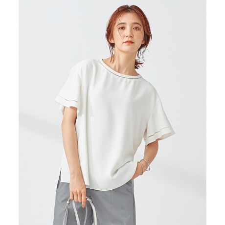 23区】LIBECO リネン100% レース切替フレアブラウス ホワイト 38  