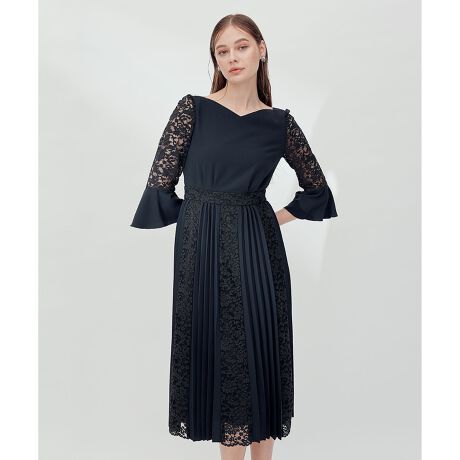 プリーツミックスシャツドレス グレージュ （APPLAUDIR】レース コンビ  