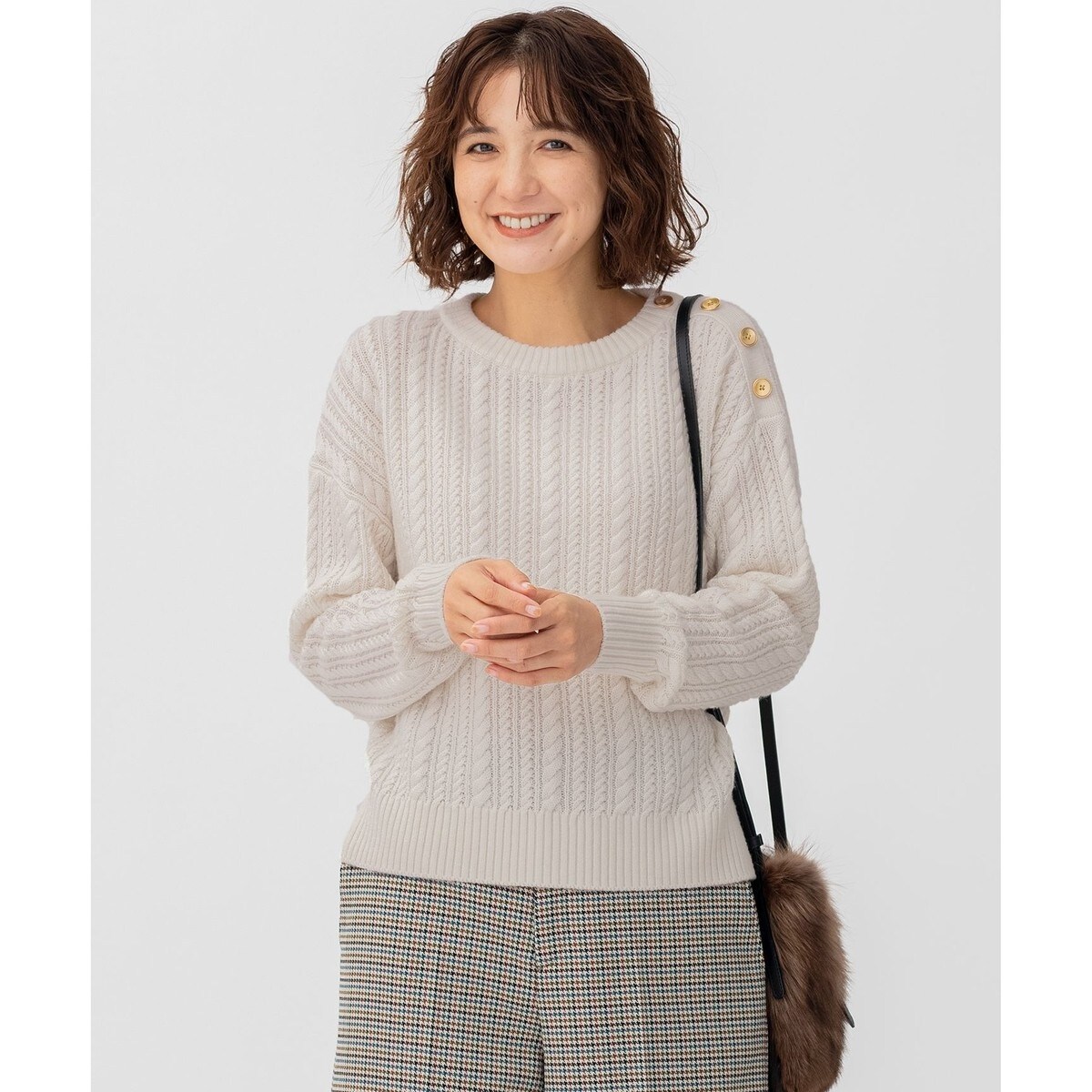 完売　23区 S　【洗える】ウールコード肩ボタンケーブル柄ニット 洗える】ウールコード 肩ボタンケーブル柄 ニット | 23区(23KU