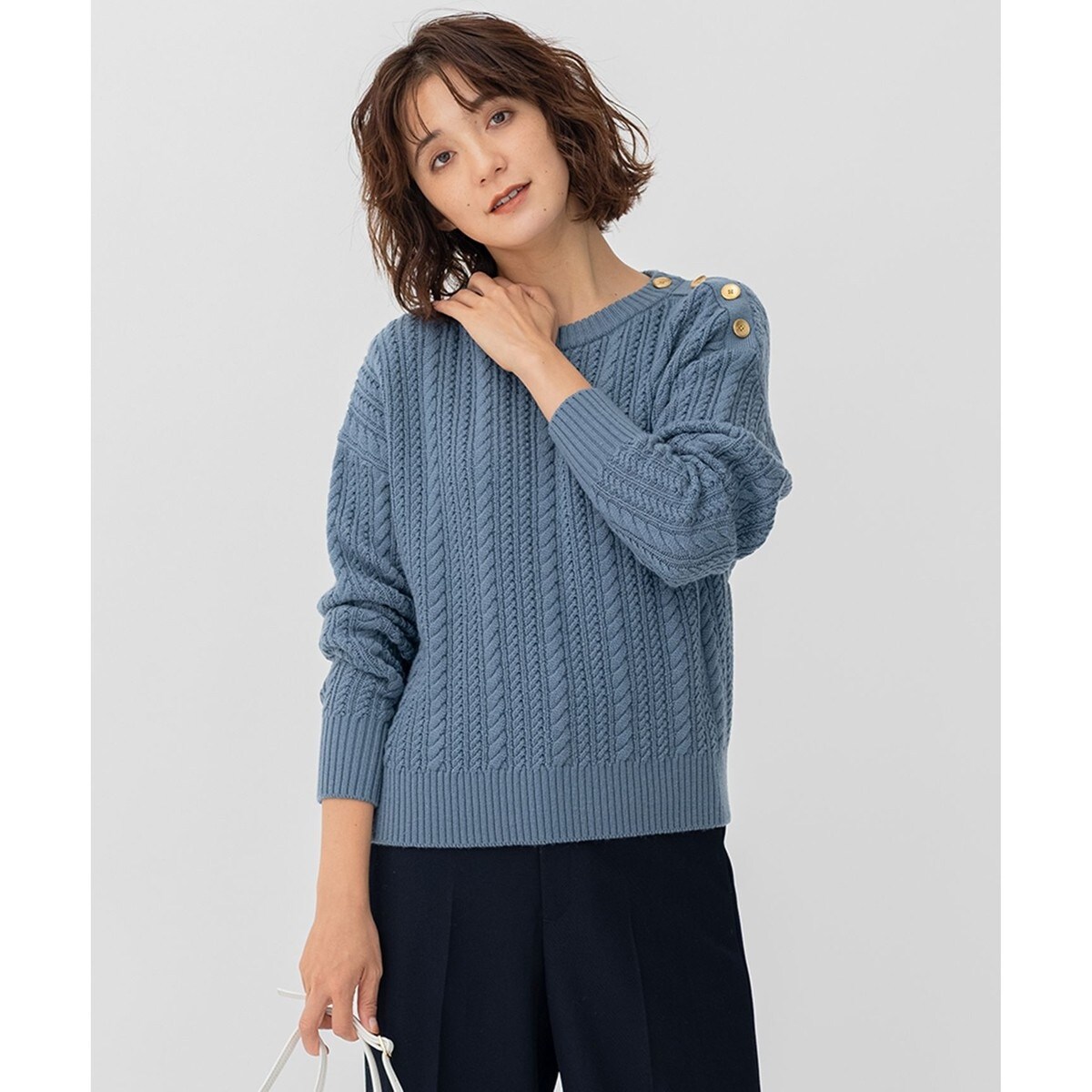 完売　23区 S　【洗える】ウールコード肩ボタンケーブル柄ニット 洗える】ウールコード 肩ボタンケーブル柄 ニット | 23区(23KU