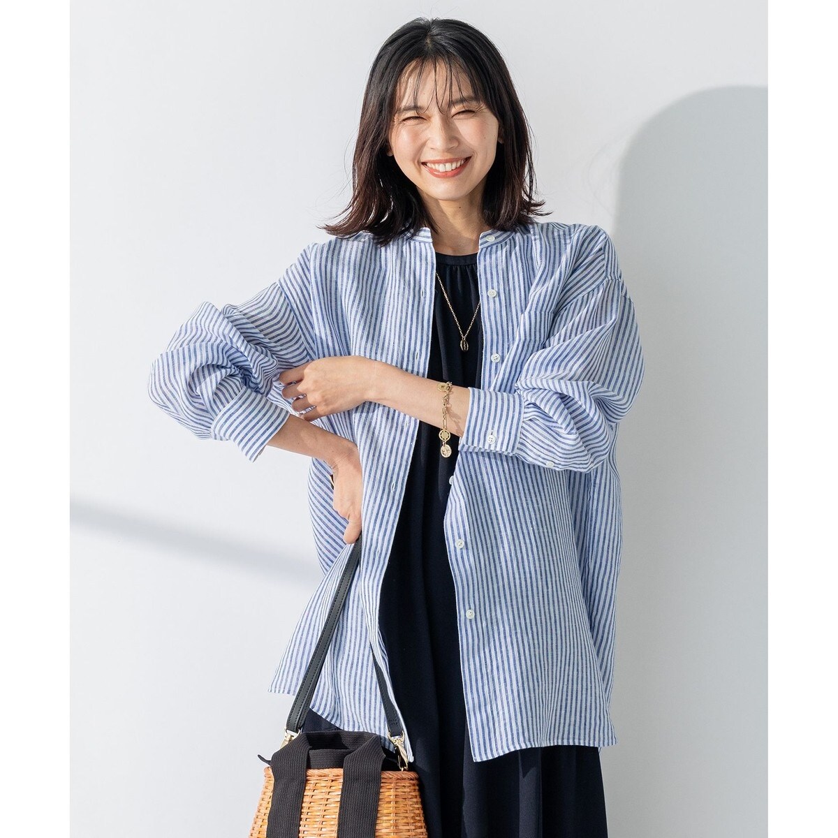 【新品】23区 洗える LIBECO バンドカラービッグシルエットシャツ 23区（大きいサイズ） 【WEB限定カラーあり/洗える】LIBECO バンド