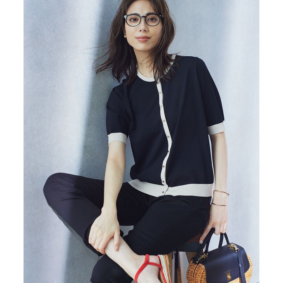 23区◆半袖カーディガン/40/レーヨン/BLK/KRWOSM0842 セール】 【洗える】レーヨンポリエステルストレッチ 半袖