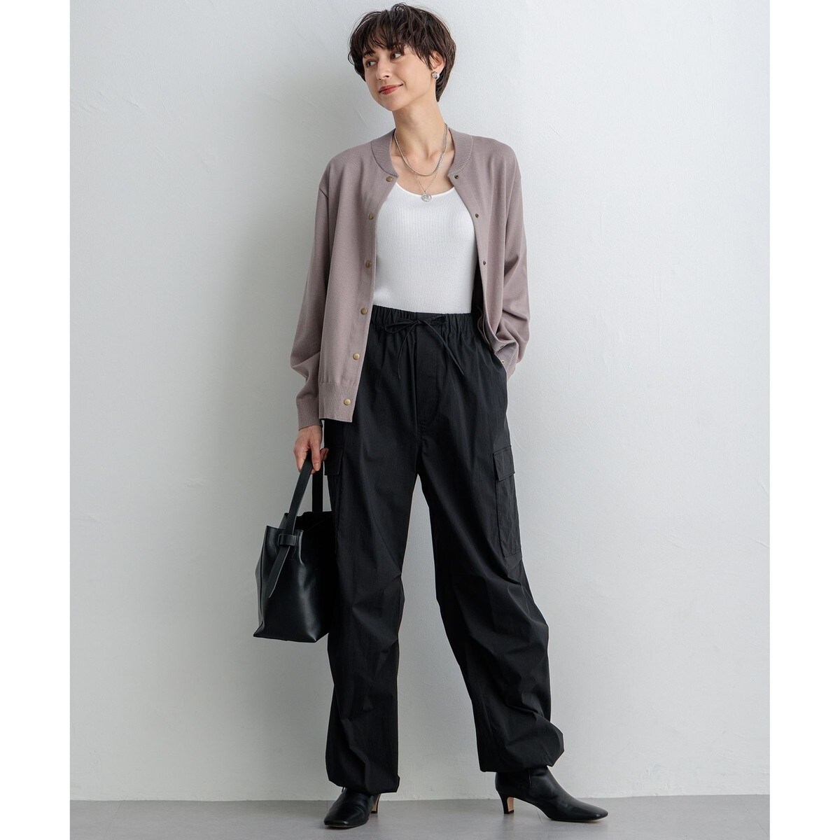 【SLOW】ミリタリーストレッチタフタ カーゴパンツ　黒 SLOW/好評につき新色追加】ミリタリーストレッチタフタ カーゴパンツ