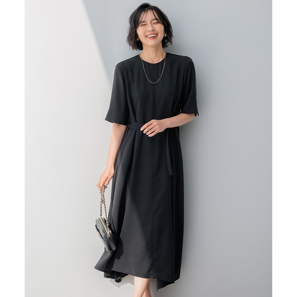 ◆美品◆23区キューティクルストレッチツイル イレギュラーヘム ワンピース 23区 【洗える/撥水加工】キューティクルストレッチツイル イ
