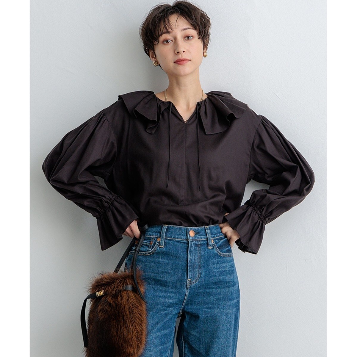 SLOW 23区 S テンセルコットンジョーゼット フリル ブラウス ニジュウサンク 23区 【SLOW/一部店舗限定】テンセルコットン