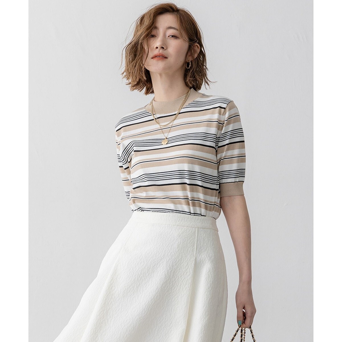 美品 23区 セミウーステッドウール 肩ボタン ボーダー ニット ゴールド 38 セール】 【CLASSY.12月号掲載】セミウーステッドウール 肩