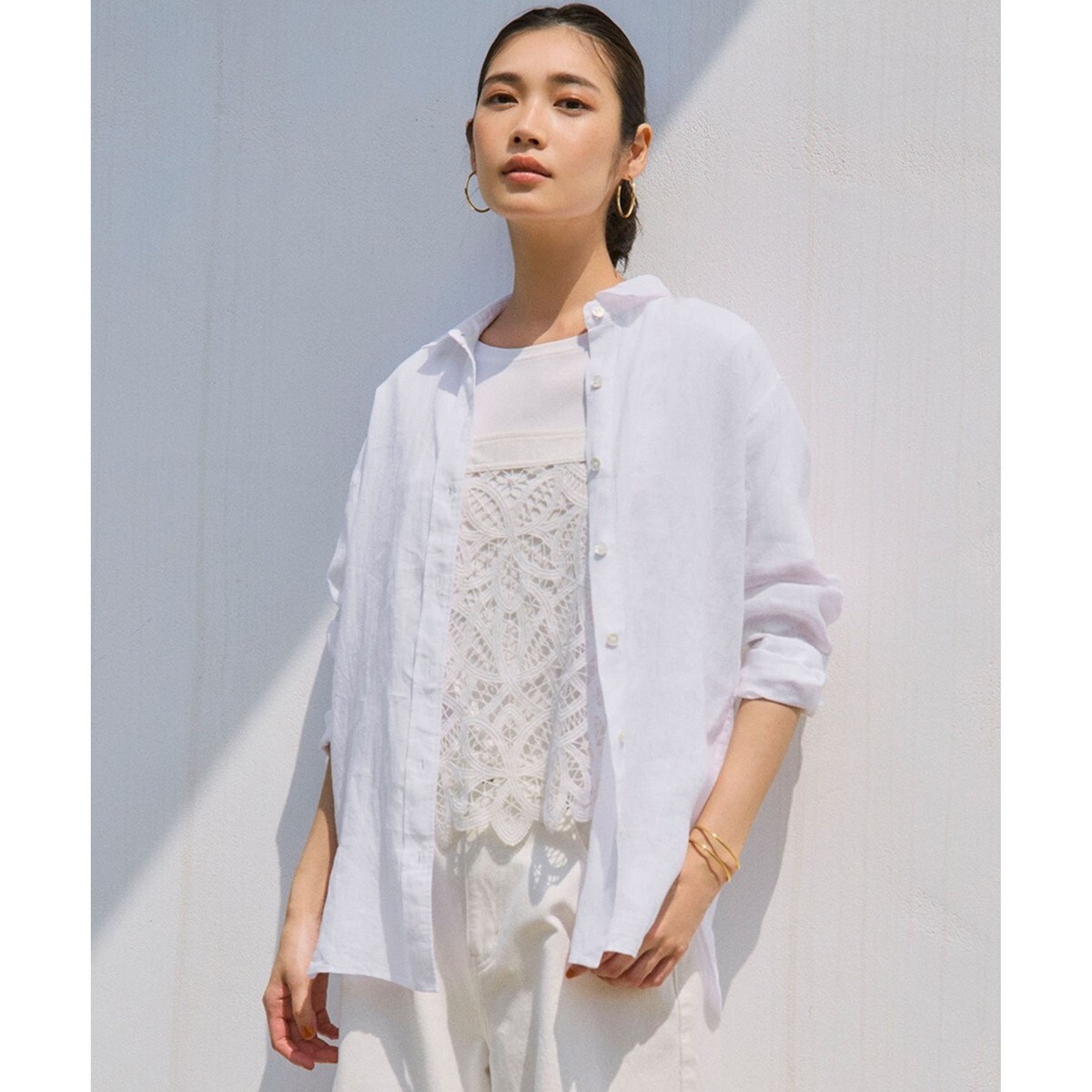 【shihochika です】23区リベコビッグシルエットシャツ38 WEB限定カラーあり/洗える】LIBECO バンドカラー ビッグ