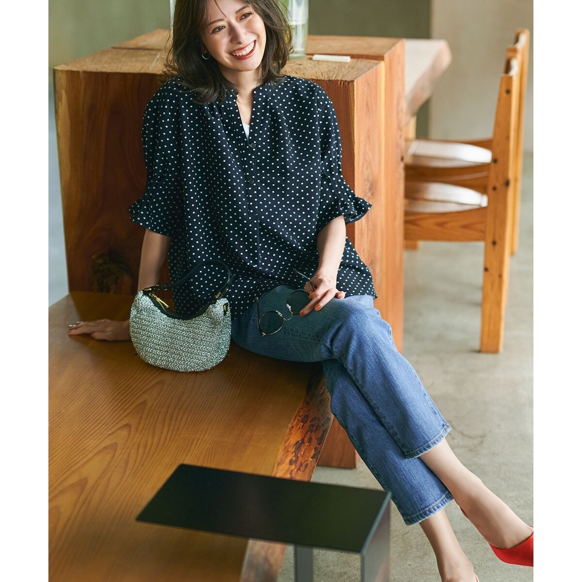 23区 ドットプリント サッカー ブラウス WEB&一部店舗限定/洗える】ドットプリント サッカー ブラウス