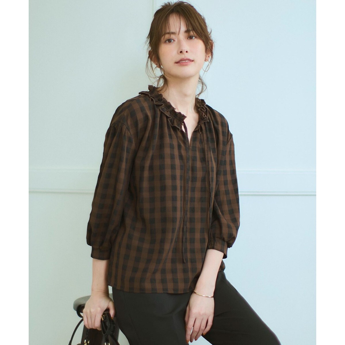WEB&一部店舗限定】ブロックチェック フリル ブラウス | 23区(23KU 