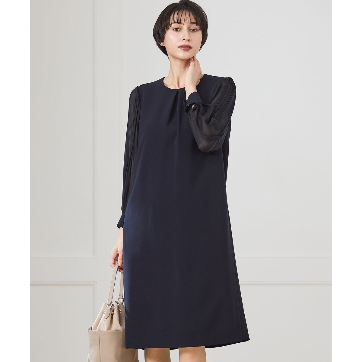 CLASSY.コラボ/洗える】ウールストレッチツイル ピンタック ワンピース