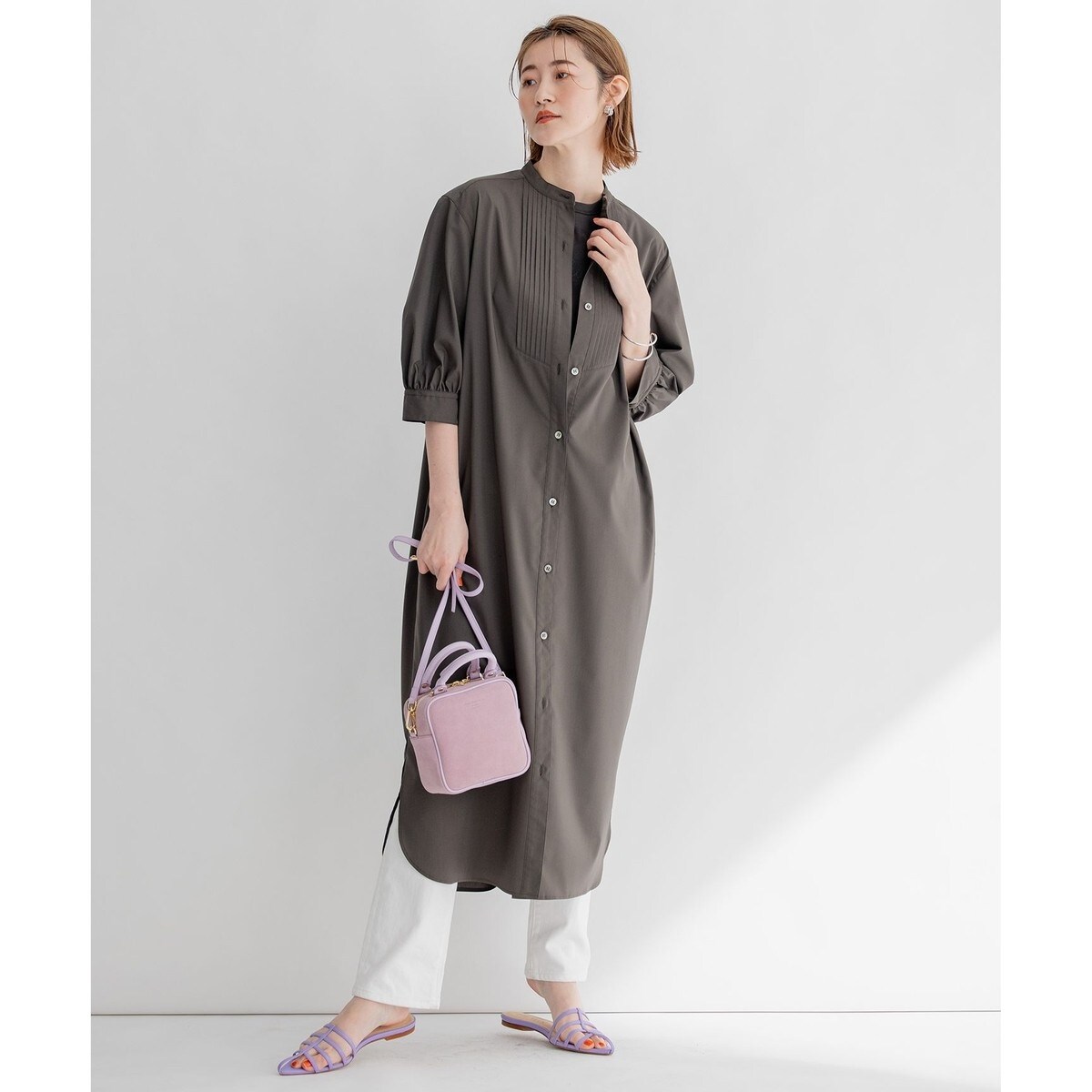 洗える】プレーンストレッチタフタ シャツ ワンピース | 23区