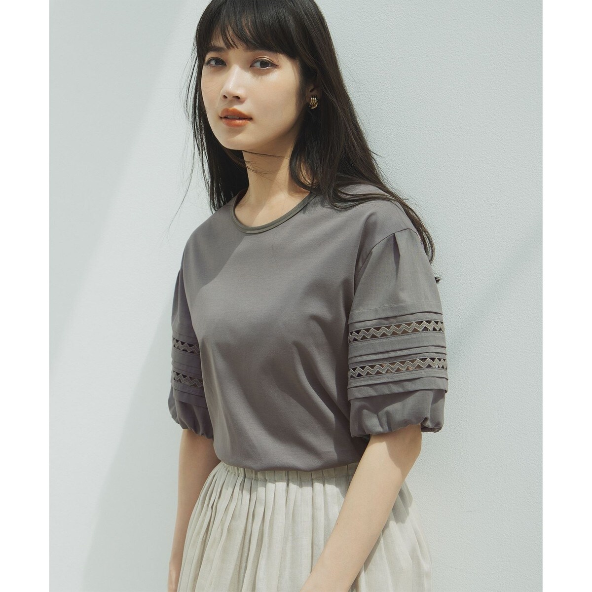 24SS 大きいサイズ 23区 アイレットジャージー パフスリーブ カットソー 23区 - 24SS 大きいサイズ 23区 アイレットジャージー