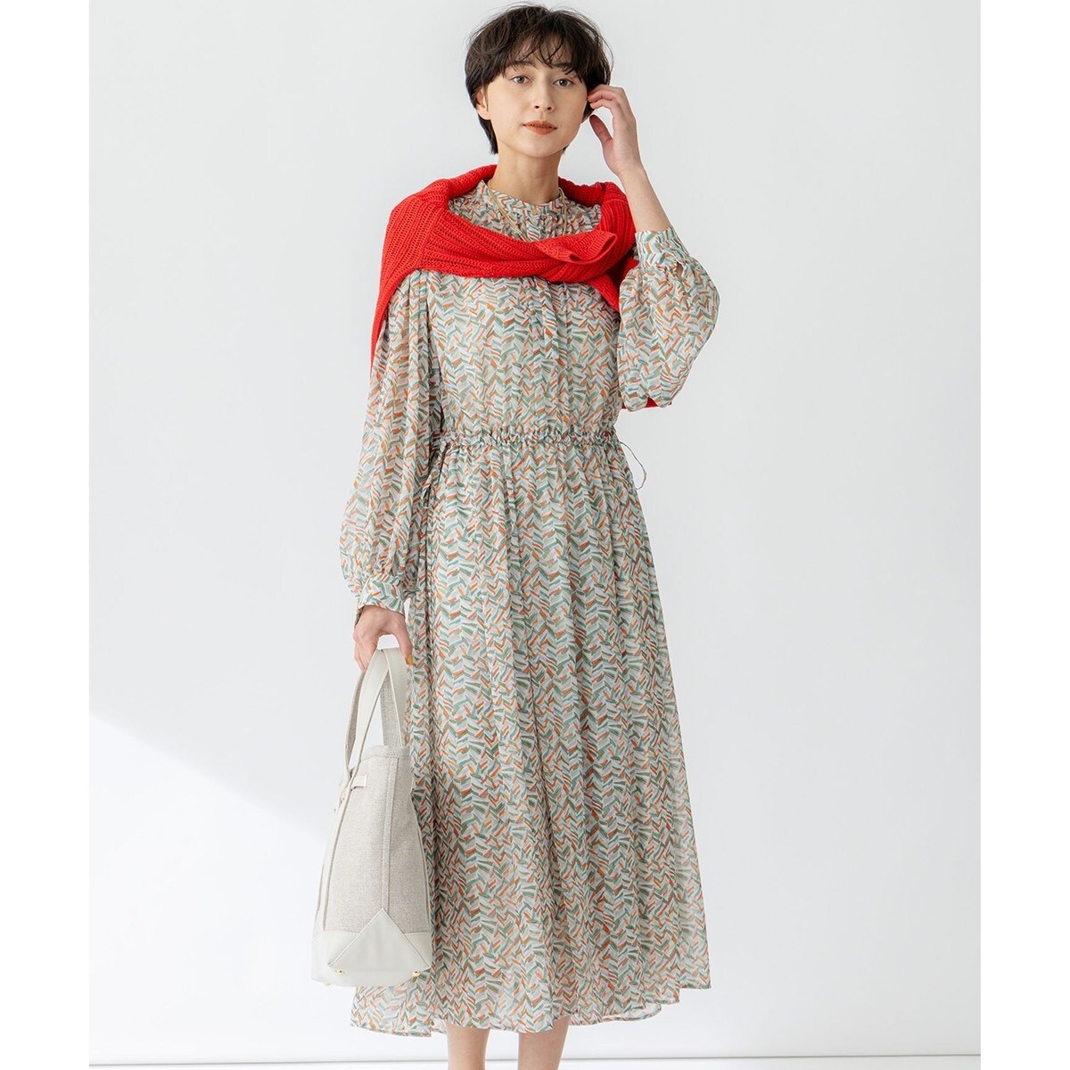【洗える】23区シアーヘリンボーンプリント ワンピース 洗える】シアーヘリンボーンプリント ワンピース / 23区
