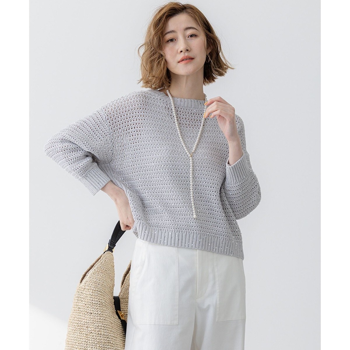 24AW 23区【洗える】ルレックスバルキーラメニット クルーネック 五分袖 M 洗える】ルレックスバルキー ラメニット（KRWSCA0361