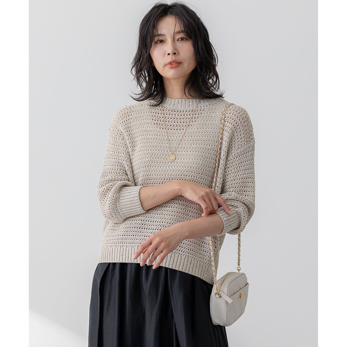 24AW 23区【洗える】ルレックスバルキーラメニット クルーネック 五分袖 M 洗える】ルレックスバルキー ラメニット / 23区 | ファッション