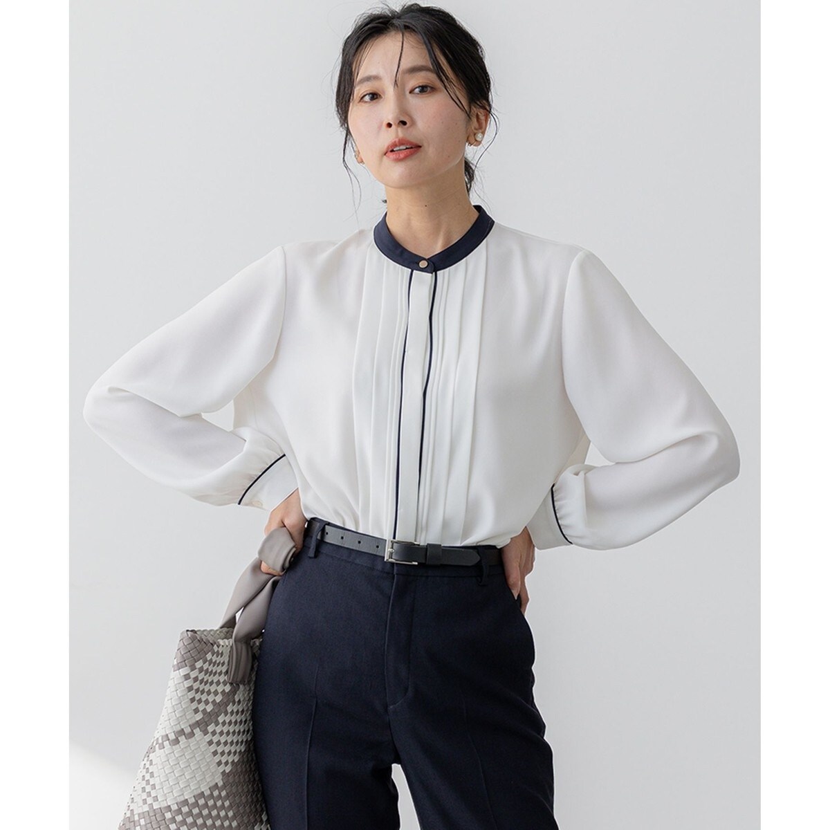 吸水速乾/UVケア/洗える】ストレッチクリアサテン バイカラー ブラウス