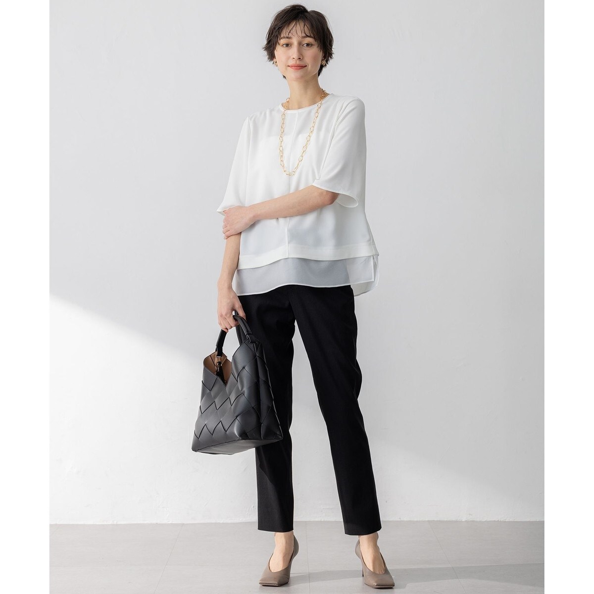 今期【吸水速乾、接触冷感】ストレッチジョーゼット シアーコンビ カットソー 吸水速乾/UVカット/接触冷感】ストレッチジョーゼット シアーコンビ