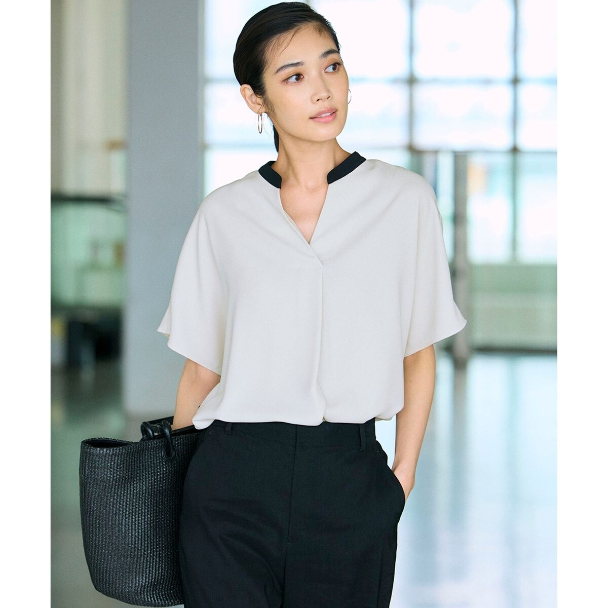 ベージュ&ノバチェックVネックストレッチカットソー ファッション通販のNY.ONLINE