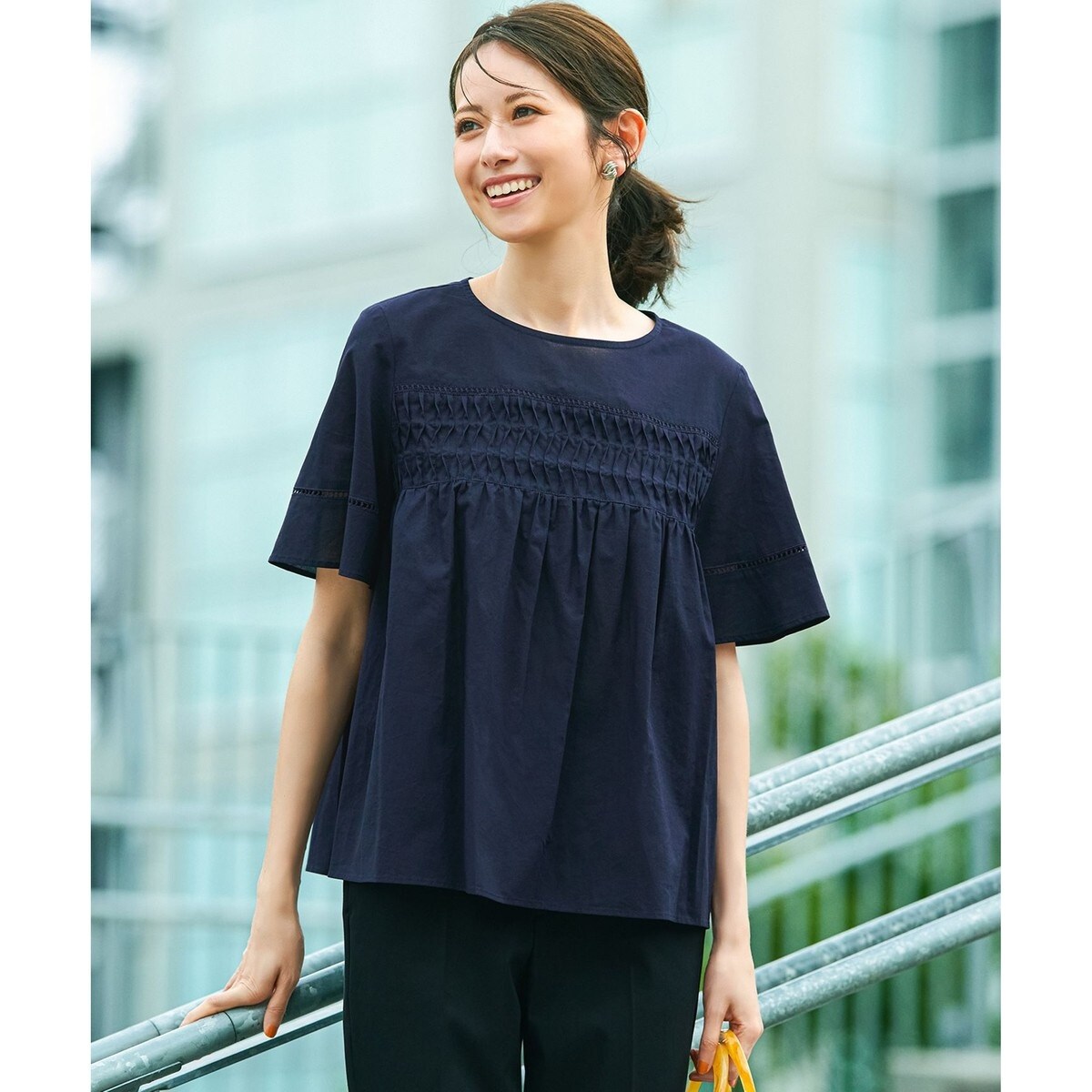 23区　新品　ネイビー　バックサテンジョーゼット ギャザー ブラウス バックサテンジョーゼット ギャザー ブラウス | 23区(23KU