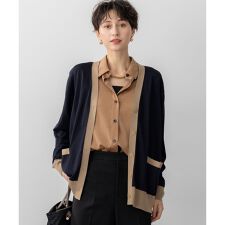 【洗える】サステナブルウール Vネック バイカラー カーディガン