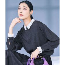 【洗える】エンブロイダリー フラワーレースコンビ ニット