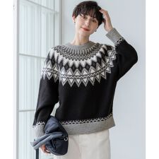 【洗える】ジャガード クルーネック ニット