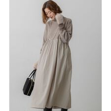 【洗える】ギャザーコンビ ニットワンピース