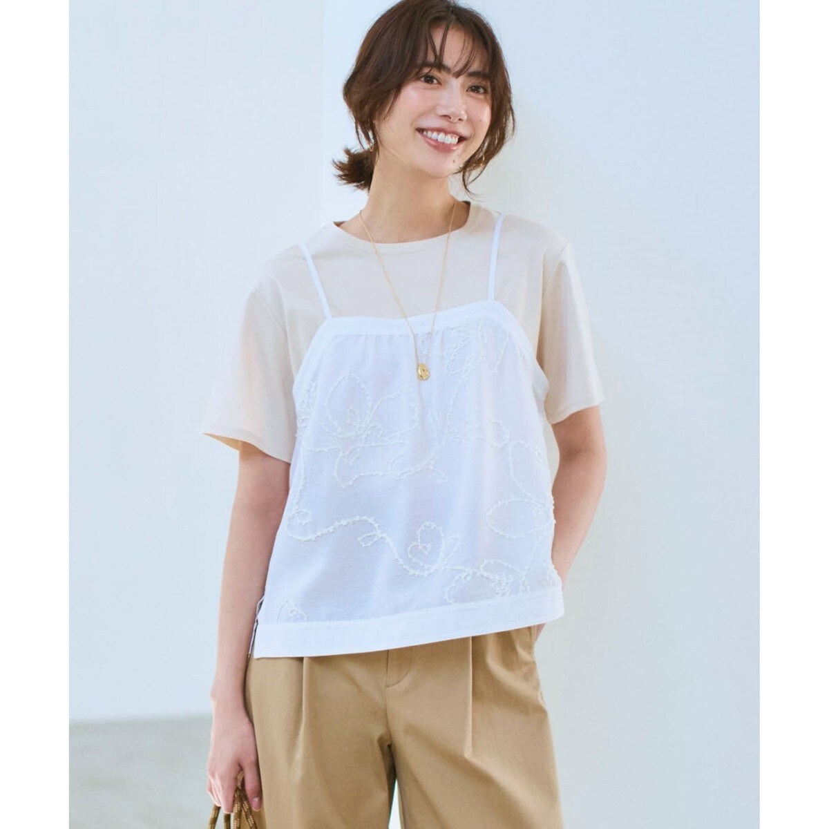 【23区】エンブロイダリー キャミソール　半袖　カットソー　Tシャツ　L シアーエンブロイダリー キャミソール コンビ Tシャツ | 23区(23KU