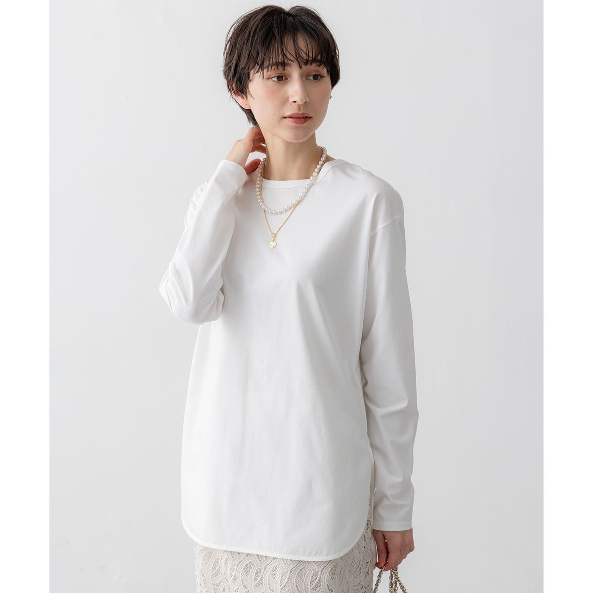 23区★コットンベアジャージー ロング Tシャツ ホワイト系 トップス 大好評素材/洗える】コットンベアジャージー ロング Tシャツ