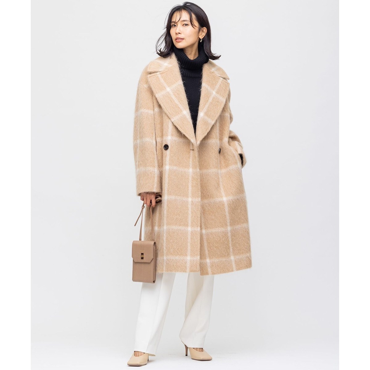 23区　MANTECO　シャギーチェック　ダブルロングコート　モヘア　アルパカ 23区 MANTECO シャギーチェック ダブルロングコート モヘア アルパカ