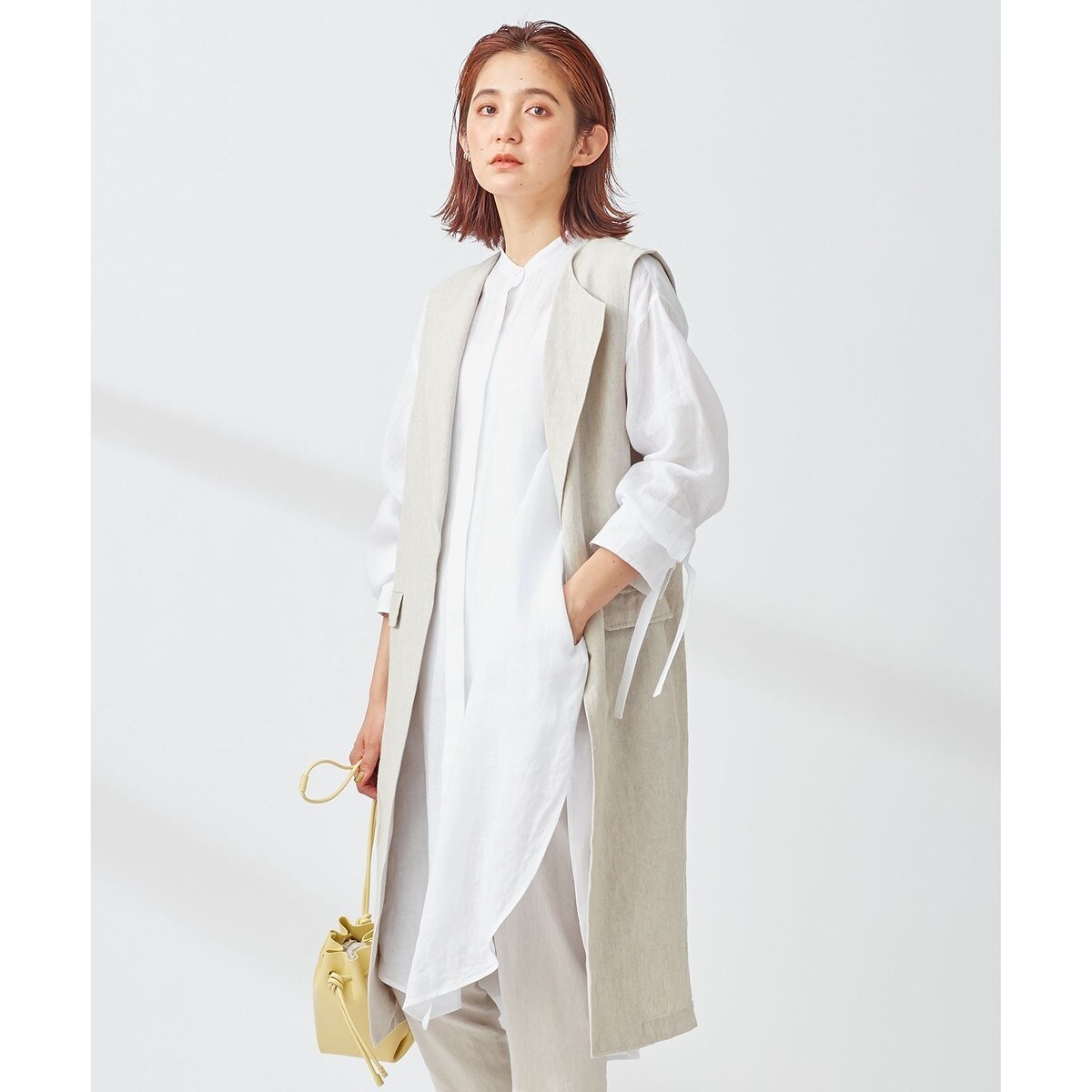美品✨23区　LIBECOTHICK ロングジレ　ベージュ　麻　大きいサイズ46 大きいサイズ 【MarilynSweet】体型別フェミニン ダブルブレスト