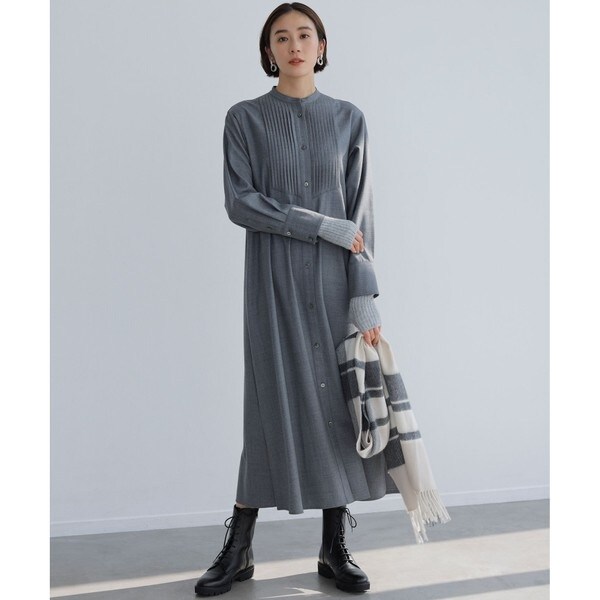 CLASSY.コラボ/洗える】ウールストレッチツイル ピンタック ワンピース