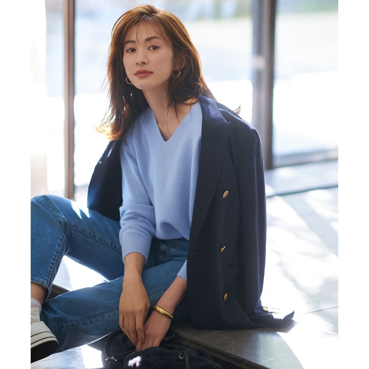 ★23区★美品★ カシミヤブレンドバルキー ポンチョニット ブルー 23区（ニジュウサンク）の「ウールカシミヤブレンドバルキー