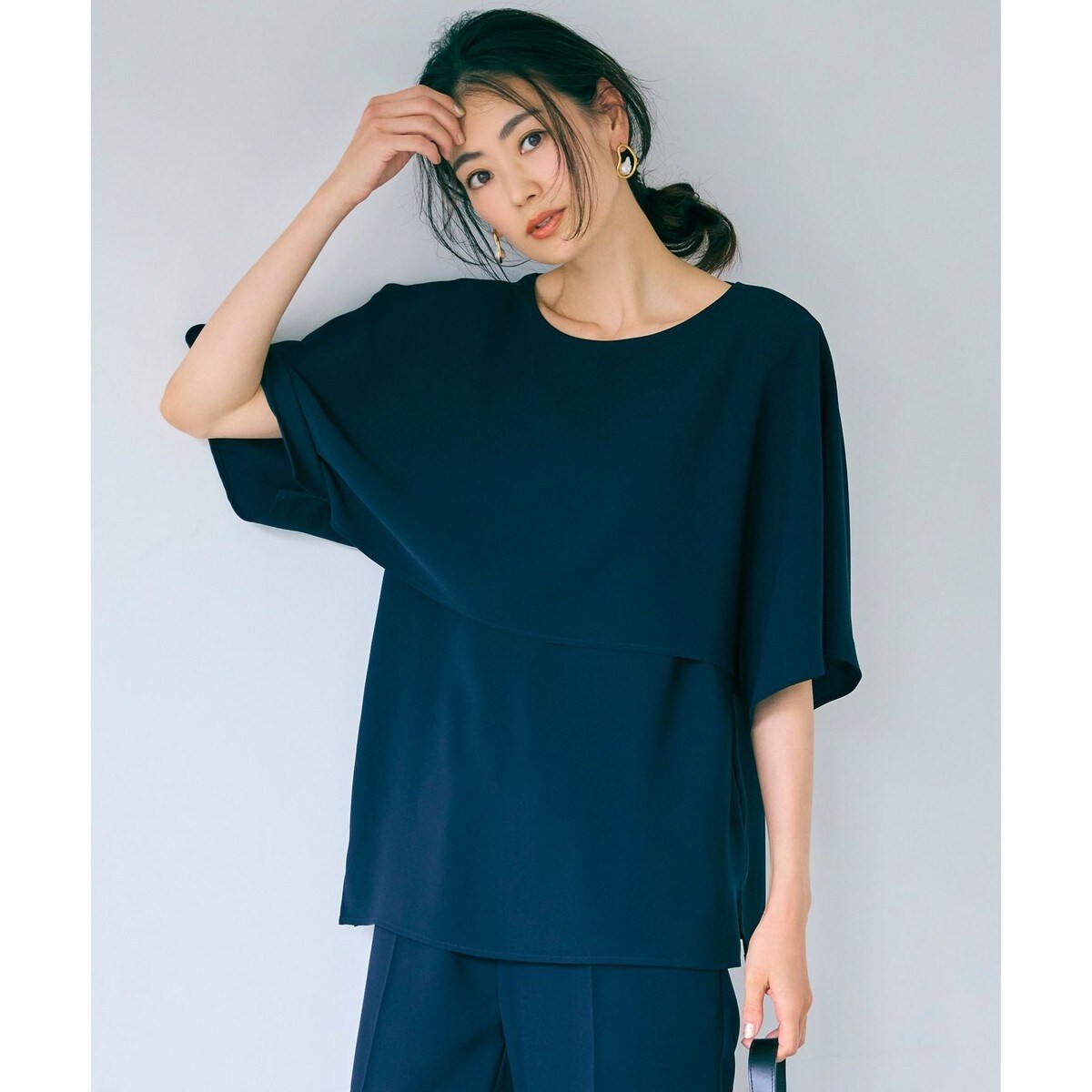 未使用タグ　23区 ストレッチジョーゼット レイヤーカットソー ネイビー 洗える】ストレッチジョーゼット レイヤー カットソー | 23区(23KU