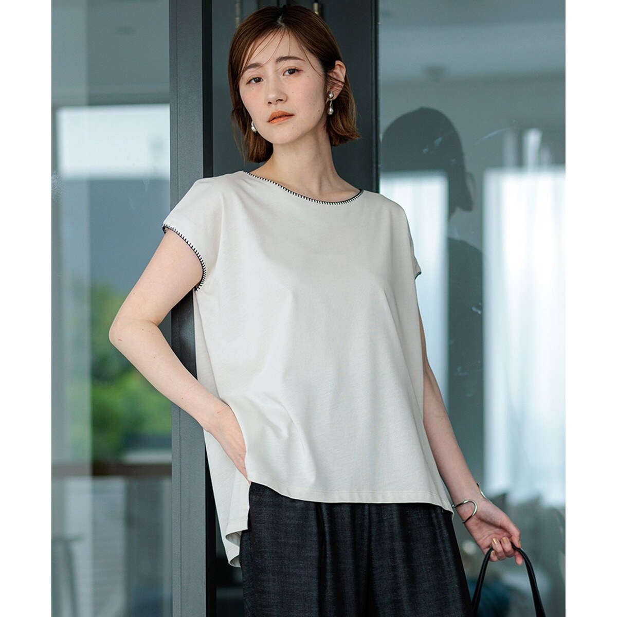 tシャツ 「GLOW8月号掲載/洗える」スムースコンビジャージー ランタンスリーブ カットソー レディース GLOW8月号掲載/洗える】スムースコンビジャージー ランタン