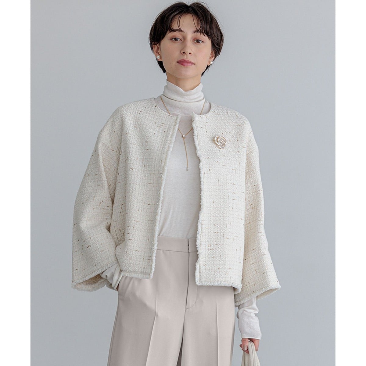 レリアン　ノーカラーツイードジャケット レリアン ツイードジャケット ツイード風ノーカラージャケット