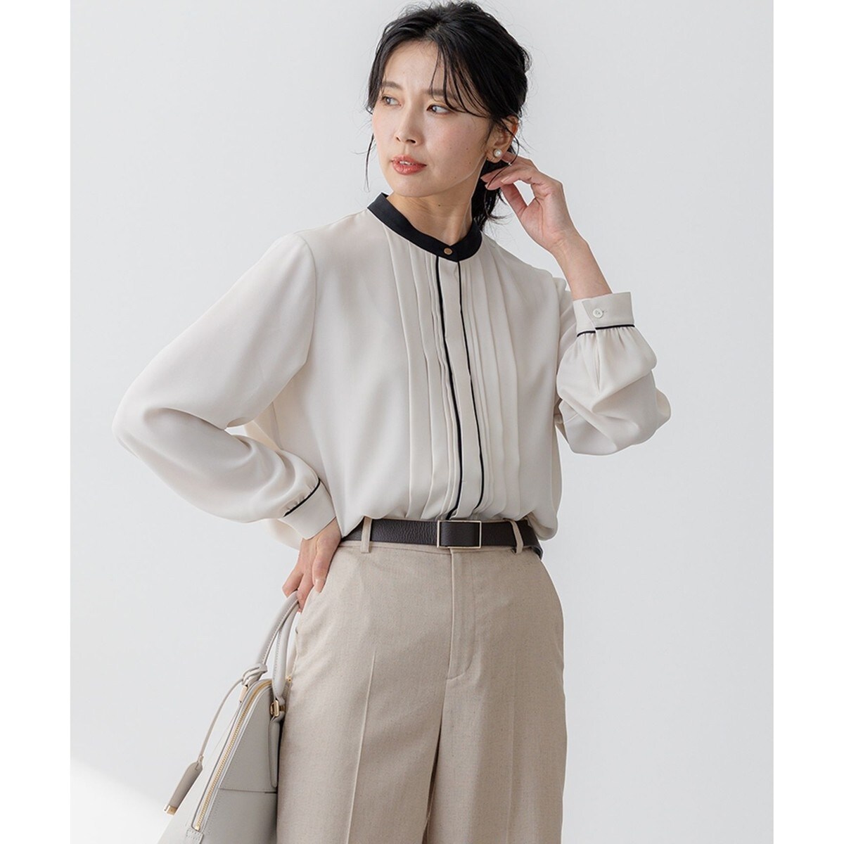 吸水速乾/UVケア/洗える】ストレッチクリアサテン バイカラー ブラウス