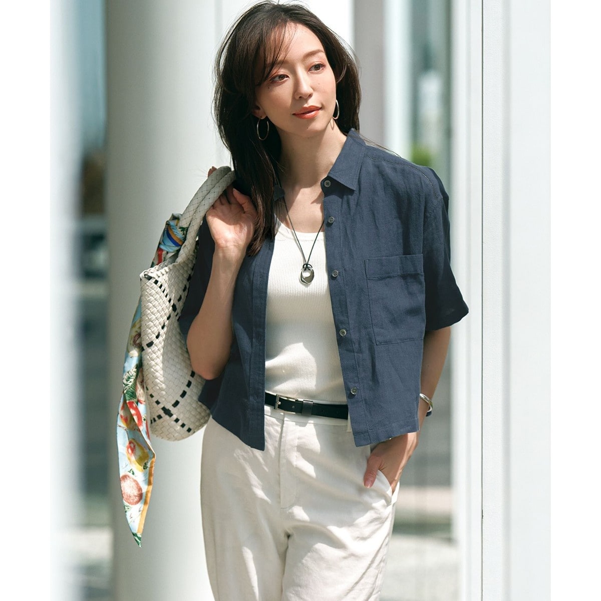 【23区】LIBECO リネン100% ミドル丈スキッパーシャツ ホワイト 48 洗える】LIBECO プルオーバーシャツ / 23区 | ファッション通販
