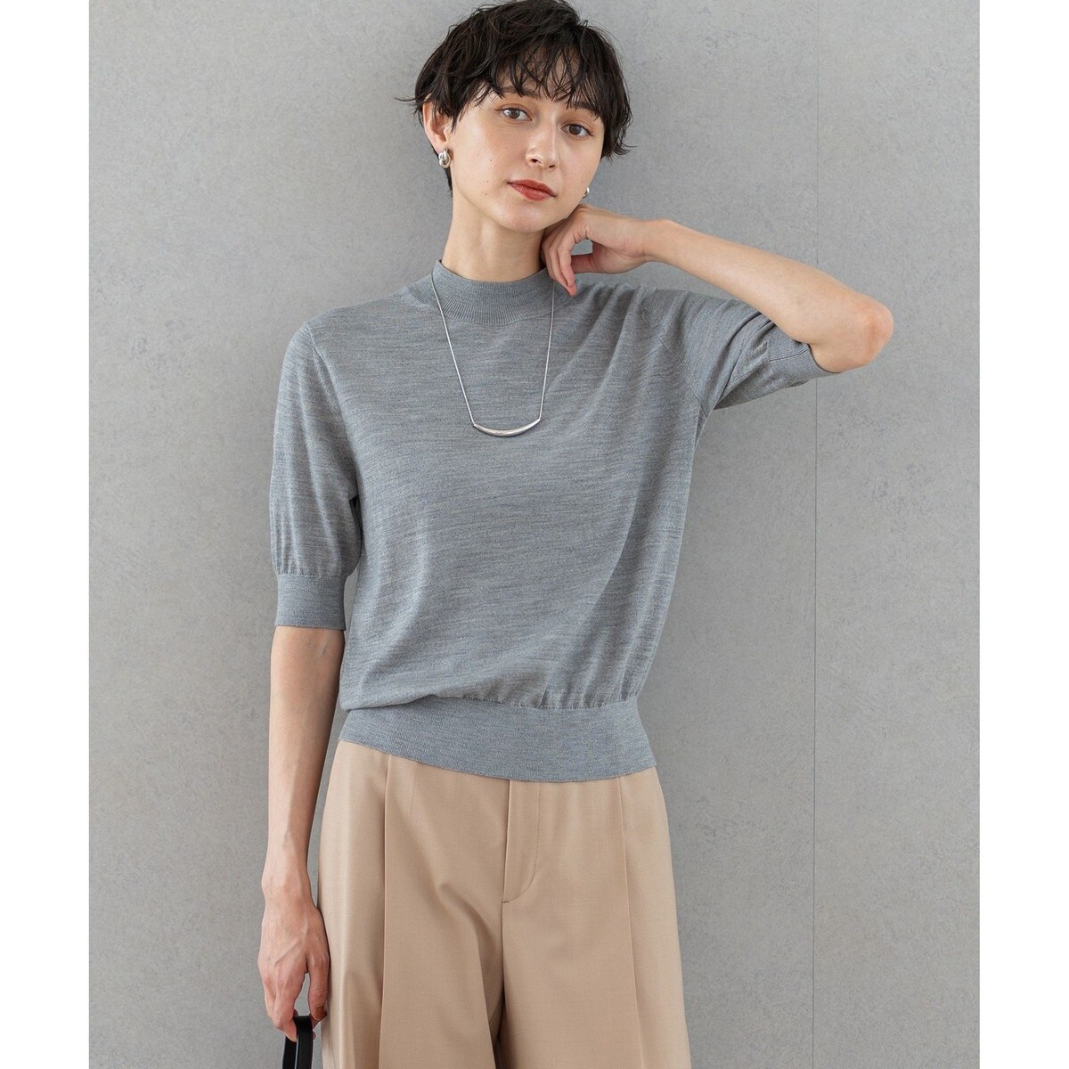 【洗える】サステナブルウール モックネック 5分袖 ニット