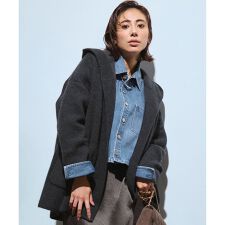 【洗える】ラクーンブレンドダブルフェイス フーディー ニットカーディガン