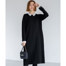 【洗える/吊り干しOK】ヴィスコースストレッチ レース襟 ワンピース