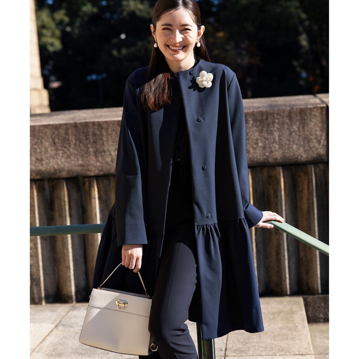 KUMIKYOKU NAVY ダブルクロスストレッチ ノーカラーコート KUMIKYOKU NAVY】ダブルクロスストレッチ ノーカラーコート